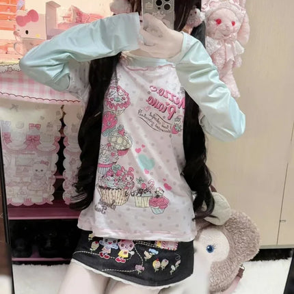 Japanese Sweet Cartoon Polka Dot Print Women T-shirt Loose Kawaii Contrast Color Cute Graphic Tee Tops Y2k Aesthetic Tshirts