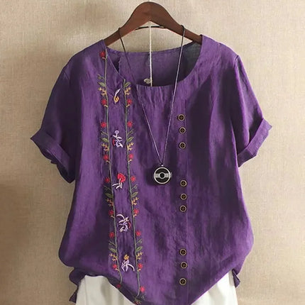 Retro Cotton Linen Short Sleeve Embroidered Flower Women's T-shirt Wish Brand Crew Neck plus Size Shirt from Mainland China