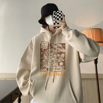 Autumn Cartoon Cat Planet Printed Hoodies Men's Y2K Vintage Purple Hooded Sweatshirts Women Hip Hop Fashion Fleece Hoody Clothes