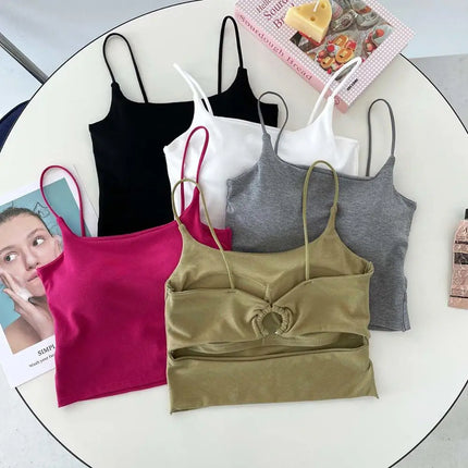 New Women's Tank Tops: Sexy Hollow Back Camisole with Chest Pad, Summer Basic Elastic Tank Top, One-Piece Vest, Casual Short Crop Tops
