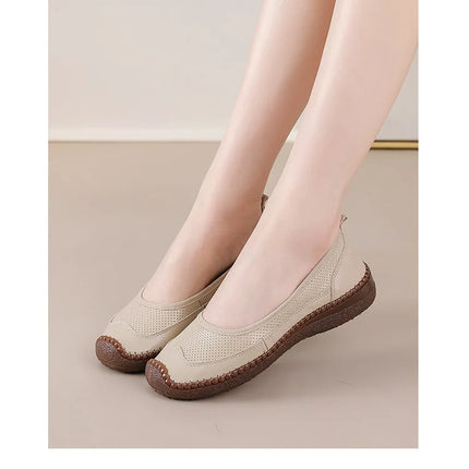 New Real Leather Perforated Ballet Flats Women's Massage Insole Slip On Moccasins Woman Hollow Loafer Casual Daily Shopping Shoe