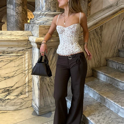 Sexy Lace Corset Women's Slim Fishbone Spaghetti Strap Bodycon Lace-up Backless Tank Tops 2026 Summer New Ladies Vest
