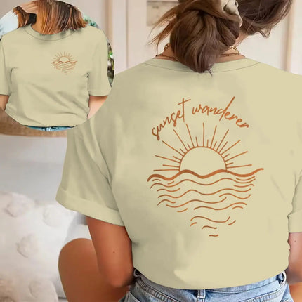 Beach Sunset Graphic T Shirts Women Men Beach Sunset Design Casual Tops Tees Tropical Beach Short Sleeve T-shirt