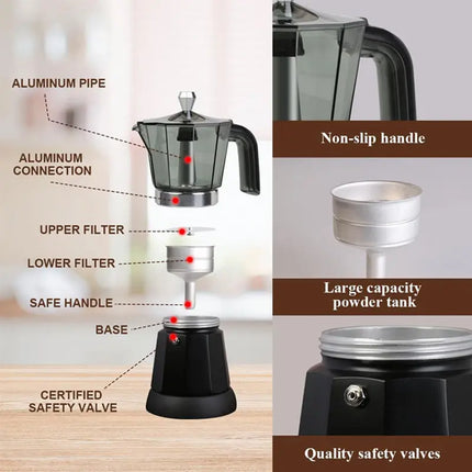480W Electric Coffee Maker 300ml/6 Cups Home Aluminum Mocha Pot Portable Electric Italian Coffee Maker Percolator for Home Black