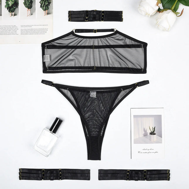 New Style 3-Piece Cut Out Bow Lingerie Set Satin Cute Erotic Set Solid Brief Underwear Set NightwearPron Sexy Lingerie Underwear