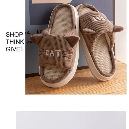 Home Slippers Panda Cat Women Summer Cute Linen Couples Indoor House Non-Slip Thick Funny Sandals Cartoon Kawaii Shoes 2025 New