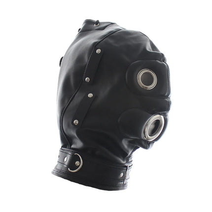PU Leather BDSM Bondage Hood Sensory Deprivation Mask With Blindfold Removable Dildo Gag Lockable Head Harness Sex Toys  Couples