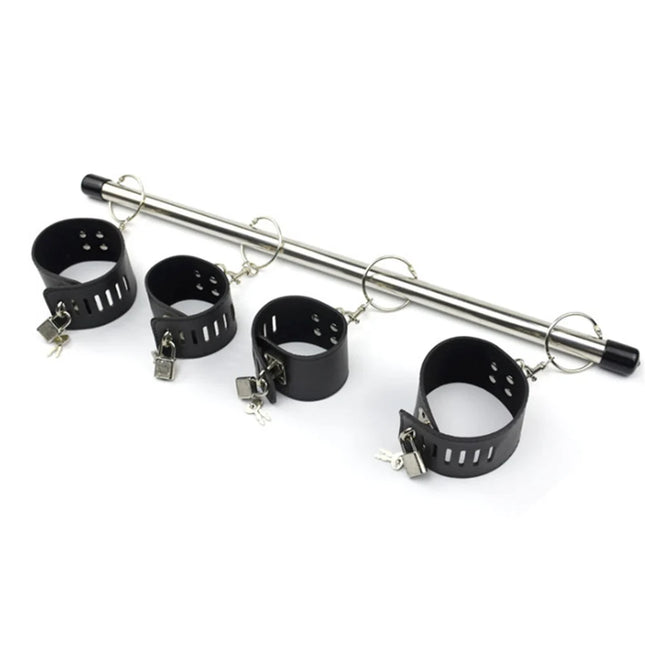 BDSM Bondage Adjustable Handcuffs & Ankle Cuffs with Stainless Steel Spreader Bar Open Legs PU Leather Set for Couple Sex Games