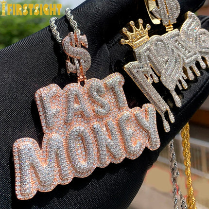 New Hip Hop Money Pendant Necklace Gold Color Iced Out Bling CZ Cubic Zirconia Letters Rich Dollar Charm Men Women Jewelry