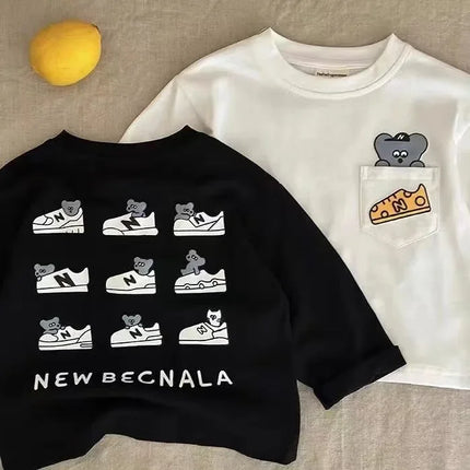 Children's Cartoon Cotton T-Shirt Long Sleeve New 2024 Model Boys Girls Pocket Base Layer Top Spring Autumn For Middle Large Kid