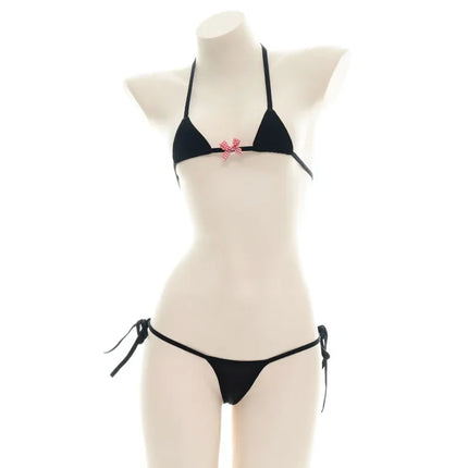 Beach Girl Black Stripe Bikini Swimsuit Costume Backless Set Women Sweet Lolita Bow Bandage Striped Swimsuit Mini Bikini Adult