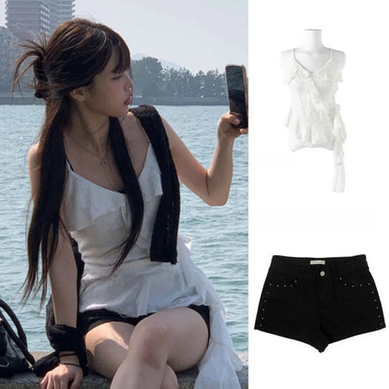 Unique SEI Korean Style Summer Irregular Lace Trim Splice Slimming Strap Top Rivet Denim Shorts Women's Commute Straight Leg Fit