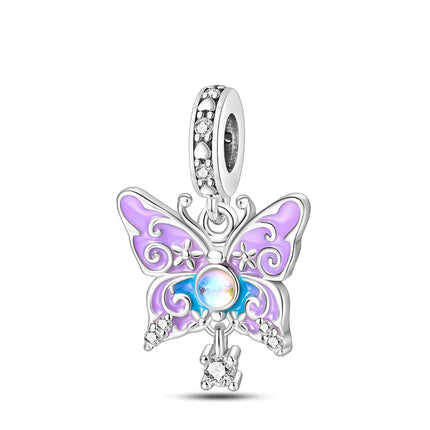 925 Sterling Silver Inlaid Heart-Shaped Beads & Rose Dangle Charm Fits Snake Bracelet Boutique Necklace Purple Pendant Gift