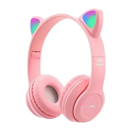 Flash Lamp Cute Cat Ears Headphone Bluetooth5.0 Stereo With Mic Support TF Card Wireless Kids Girl Earphone Birthday Gift