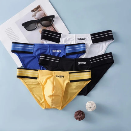 Solid color spliced side waist high fork men's briefs, threaded, ice silk fashionable, low waist sports hip lift men's underwear