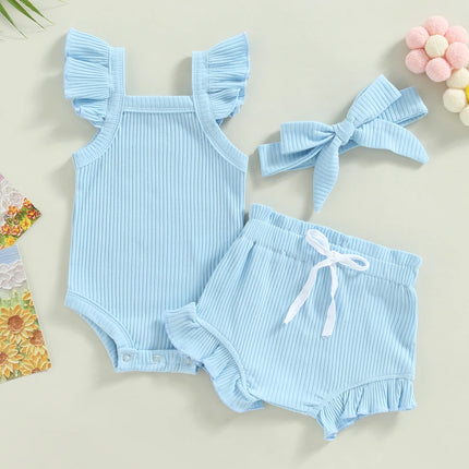 2021 Baby Summer Clothing Baby Girl Tops, Lace Up Pants Suit, Square Neck Short Ruffle Sleeve Romper, Loose Flouncing Shorts
