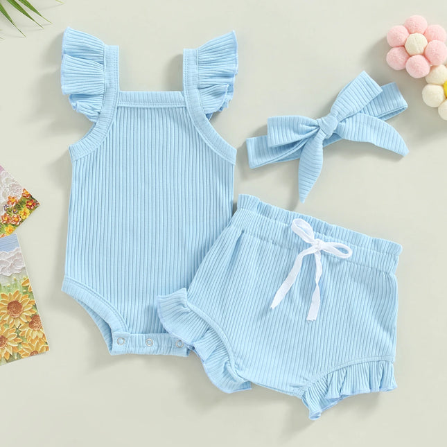 2021 Baby Summer Clothing Baby Girl Tops, Lace-Up Pants Suit, Square Neck Short Ruffle Sleeve Romper, Loose Flouncing Shorts