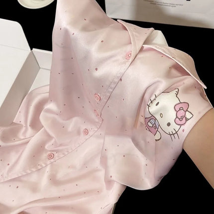 Kawaii Hello Kitty Pajamas Set Sanrio Anime Summer Women Pink polka dots Sleepwear Shorts Cartoon Soft Comfortable Home Clothing