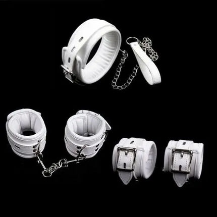 Soft Padded White BDSM Bondage Restraint Wrist Handcuffs Neck Collar Ankle Cuffs with Chain Slave Erotic Flirting Adult Sex Toys