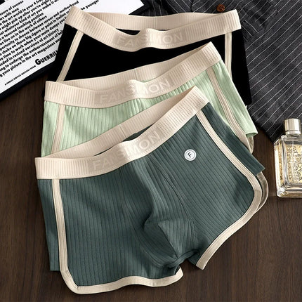 1/3PCS 100% Cotton Solid Striped Men's Boxer Sexy Breathable Mesh U Crotch Underwear High Elastic Widen Waistband Underpants