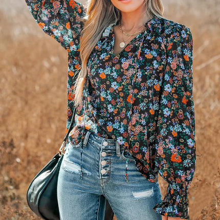 Plus Size Women's Shirt, Flower Print V-Neck, Long Sleeves with Ruffles, Casual Resort Style, Suitable for All Seasons