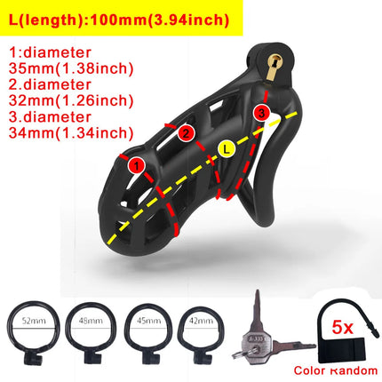 Black or Pink Male Penis Cage Chastity Cage Lock Device w/4 Rings Virginity Device 5 Sizes