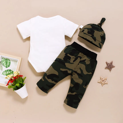 0-18Months Newborn Baby Boys Clothing Set Letter Print Short Sleeve Bodysuit with Bow + Camouflage Print Long Pants + Hat