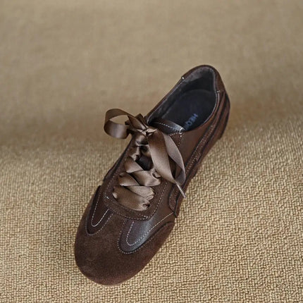 Suede Retro Lace Up Casual Flat Shoes Women Comfort Shallow Autumn Footwear Female Brown Genuine Leather Ballet Sneakers Women