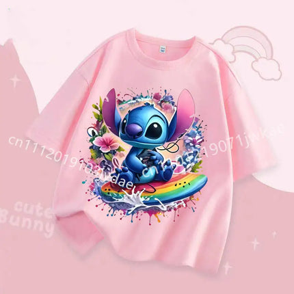 2026 Fashion Casual Round Neck T-Shirt for Boys and Girls Daily Tops Stitch Kids T Shirt Cute Cartoon Print Short-Sleeved
