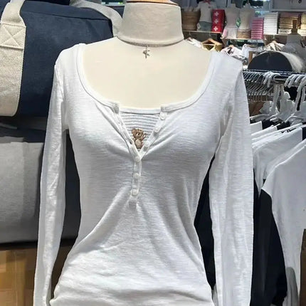 Six Buttons Ribbed Long Sleeve T-shirts Women Spring Round Neck Cotton Slim Tee Top Female Sweet Cute Pink Tshirt Y2k Tops New