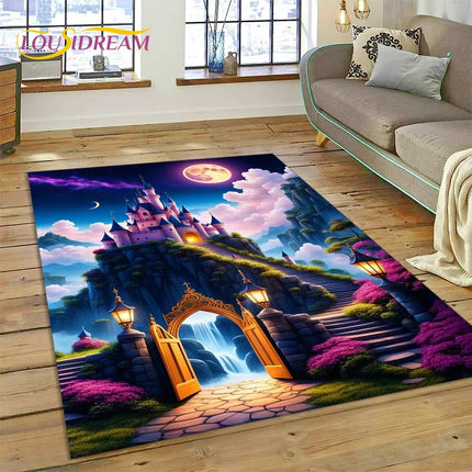 Dream Fairy Tale Castle Mysterious Gothic Cartoon Carpet Rug for Living Room Bedroom Home Sofa, Kid Area Rug Non-slip Floor Mat