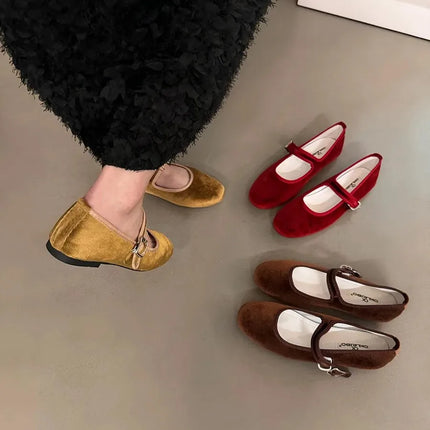 Vintage Flat Velvet Korean Style Mary's Single Shoes Women's 2024 New Spring Autumn Winter Red Warm Evening Shoes