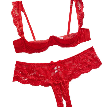 Valentine's Day French sweet two-piece set, red sexy women's half-exposed breast design open crotch panties, floral lace embroid