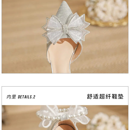 Spring Pointed Toe Party Wedding Shoes for Women, Bride Bow Thick Heel Silver Sequin Fairy Lolita Style Single Shoes