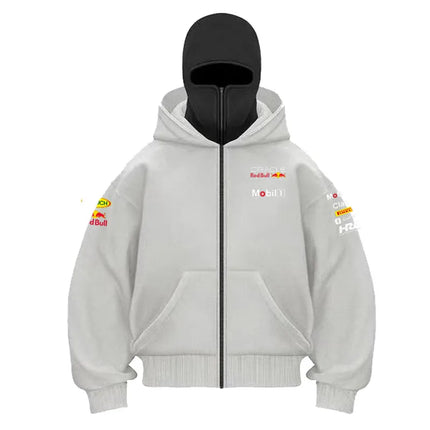 Red Bull Men's Zippered Hooded Sweatshirt Warmth and Casual Sports Wear with Zipper Face Mask Design Sports Jacket Racing Suit