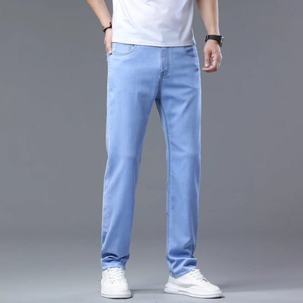 2026 Summer New Men's Sky Blue Slim Stretch Jeans Lyocell Thin Style Fashion Casual Ice silk Denim Pants Male Brand Trousers