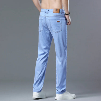 Lyocell Jeans Summer Ultra-Thin Elastic Straight Men's Denim Pants Fashion Korean Soft Drape Cool Business Casual Trousers
