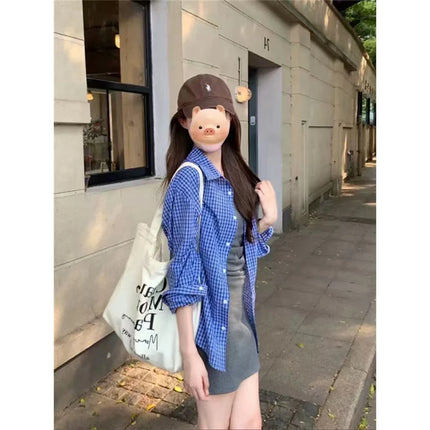 Blue Plaid Casual Sle Women's irt Jaet Loose Fit Autumn Outerwear Open Cardigan Top Seasonal Collection  Collar