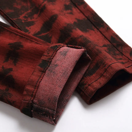 Men's Burgundy Jeans in Asian Sizes, Black Printed Stretch Denim Pants, Stylish Slim-fit Trousers. 28-42