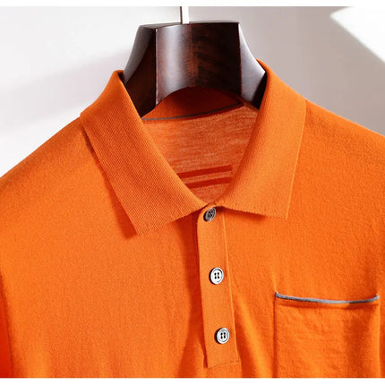 Spring and Summer New Polo Collar 100% Fine Wool Short Sleeve Men's Business Casual T-Shirt with Turn-down Collar and Pocket