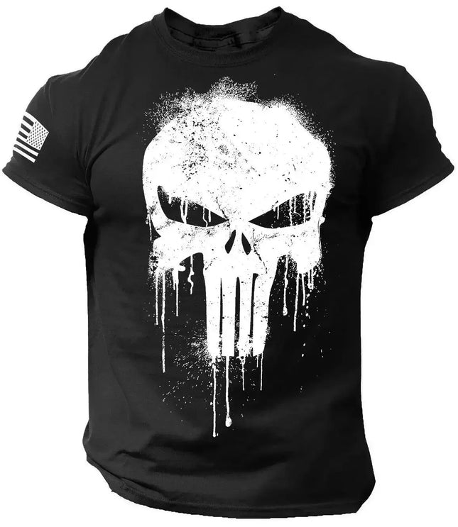 Summer Vintage Men's T-Shirt Military Skull Print Tees Casual Short Sleeve Pullover Oversized Man Clothing Outdoor O-Neck T-Shirt
