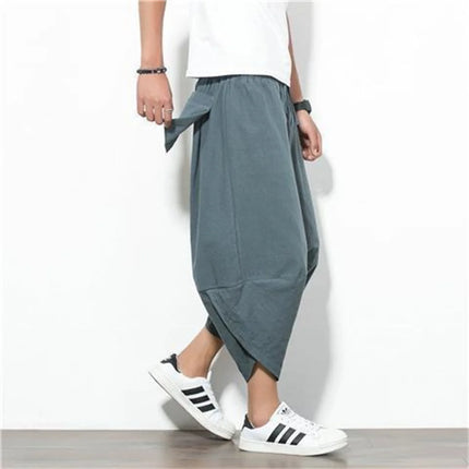 Harajuku Summer Loose Calf Length Casual Pants Men Wide Leg Cotton Linen Printing Baggy Pants Oversize Men's Trousers