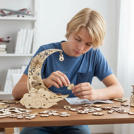 3D Wooden Puzzle Moon Star Model Music Box Building Kits Rotating Craft Decor Educational STEM Toy Gift for Adults Teens Kids