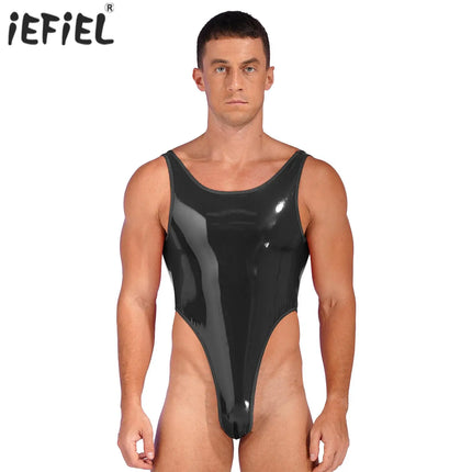 Sexy Mens High Cut Crotchless Patent Leather Bodysuit Catsuit One Piece Wet Look Backless Sleeveless Leotard Clubwear Costume