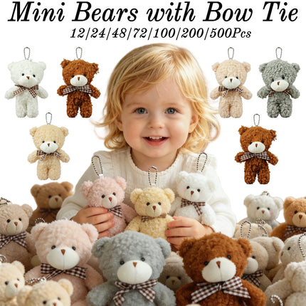 12-500Pcs Mini Bears with Bow Tie Plush Stuffed Tiny Bears Doll Bulk Small Animal for Graduation Gift Birthday Gifts Party Favor