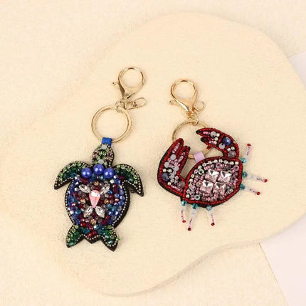 Rhinestone Lobster Beaded Keychain Pretty Hand Sewn Bag Charms Crab Shells Turtle Hanging Rope Patches Applique Bag Lanyard
