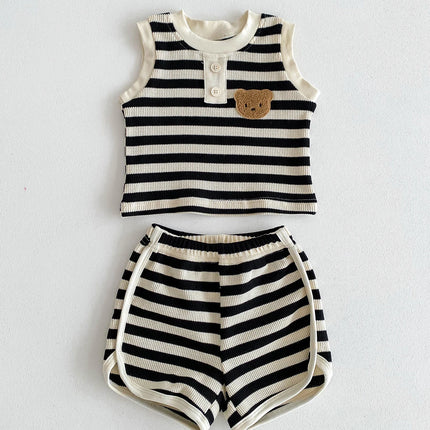 2024 New Summer Baby Stripe Clothes Set Girls Waffle Bear Sleeveless Top+Pants Toddler Infant Outwear 2PCS