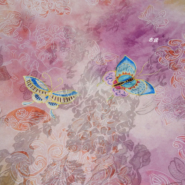 Butterfly Xiangyunsha Fabric Blush Pink Floral Jacquard Hualuo Silk Chinese Knot Dress Skirt Material for Designer Sewing Cloth