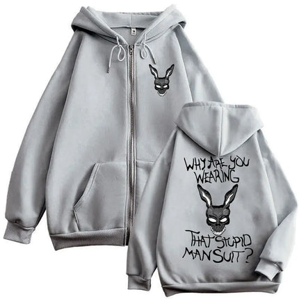Movie Donnie Darko Why You Wearing That Stupid Man Suit Zipper Hoodie Men Casual Vintage Zip Up Jacket Male Oversized Sweatshirt