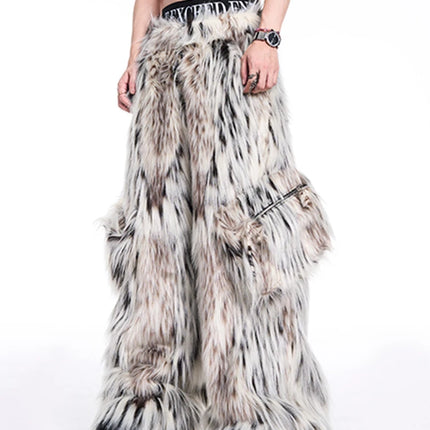 Mauroicardi Autumn Winter Long Colorful Thick Warm Hairy Fluffy Faux Fur Wide Leg Pants Men Pockets Runway Fashion Streetwear